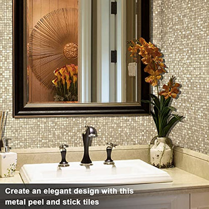 BeNice Stick on Splashback Tiles Self Adhesive Kitchen Wall 3D Sticky Metal Mosaic Stickers(10 Sheets,Champagne Gold)