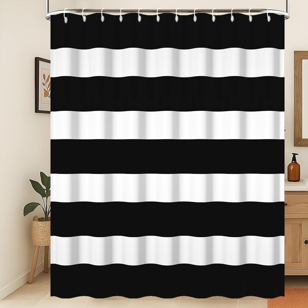 Xiaoterna 105x160cm Black and White Stripes Shower Curtain Vintage Lines Waterproof Polyester Bathroom Curtain Modern Abstract Geometry Aesthetics