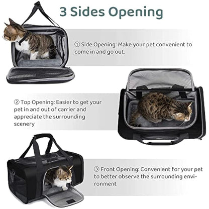 Wakytu TSA Approved Pet Carrier for Small Medium Cats and Dogs | Dog Carrier with Adequate Ventilation | 4 Mesh Windows, 3 Entrance, Locking Safety Zippers, Padded Shoulder Strap, Black