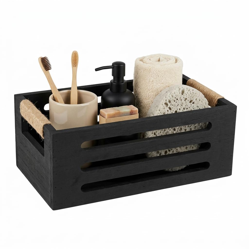 Punorric Black Toilet Roll Basket - Solid Wood Toilet Roll Storage, Wooden Bathroom Accessories with Handle