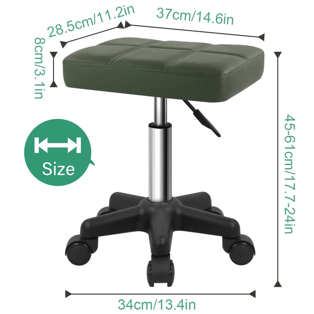 FURWOO Rectangle Rolling Stool with Wheels Swivel Stool Chair for Salon Massage Home Kitchen Green