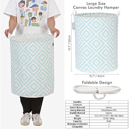 Sea Team 19.7 Inch Large Sized Waterproof Coating Ramie Cotton Fabric Folding Laundry Hamper Bucket Cylindric Burlap Canvas Storage Basket with Stylish Bohemia Mint Design