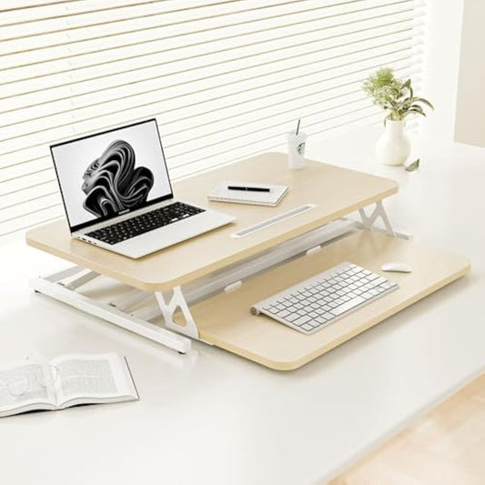 ERGOMAKER Height Adjustable Standing Desk Converter - 81cm (32 Inch) Wide Platform Tabletop Workstation - Quick Sit to Stand Desk Riser for Dual Monitors Golden Oak