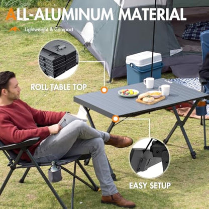 PORTAL Large Camping Table Folding 108x71cm Height Adjustable Picnic Table Foldable All Aluminum Roll Up Top Collapsible Outdoor Desk Lightweight Garden Table Load 100KG for Caravan BBQ Dining Beach