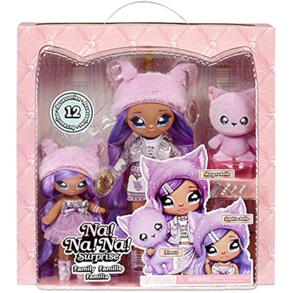 Na Na Na Surprise Family Soft Doll Set of 3 with 2 Fashion Dolls and 1 Pet - Toys for Kids - Lavender Kitty with Long Hair Dolls, 12 Removable Accessories and Outfits, and Adorable Plush Pet Cat