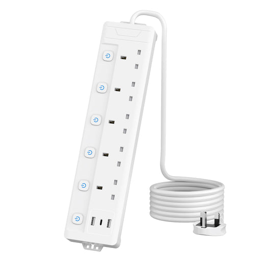 2M 5 Gang Extension Lead with 3 USB Slots (2 USB-A,1 USB-C), Individually Switched Extension Lead with USB Slots, White 2 Metre Extension Lead, For