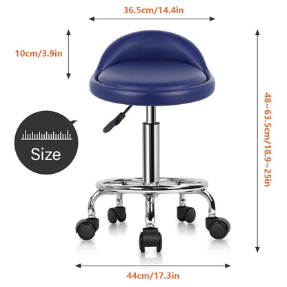 KKTONER PU Leather Round Rolling Stool with Foot Rest Height Adjustable Swivel Drafting Work SPA Task Chair with Wheels (Blue)