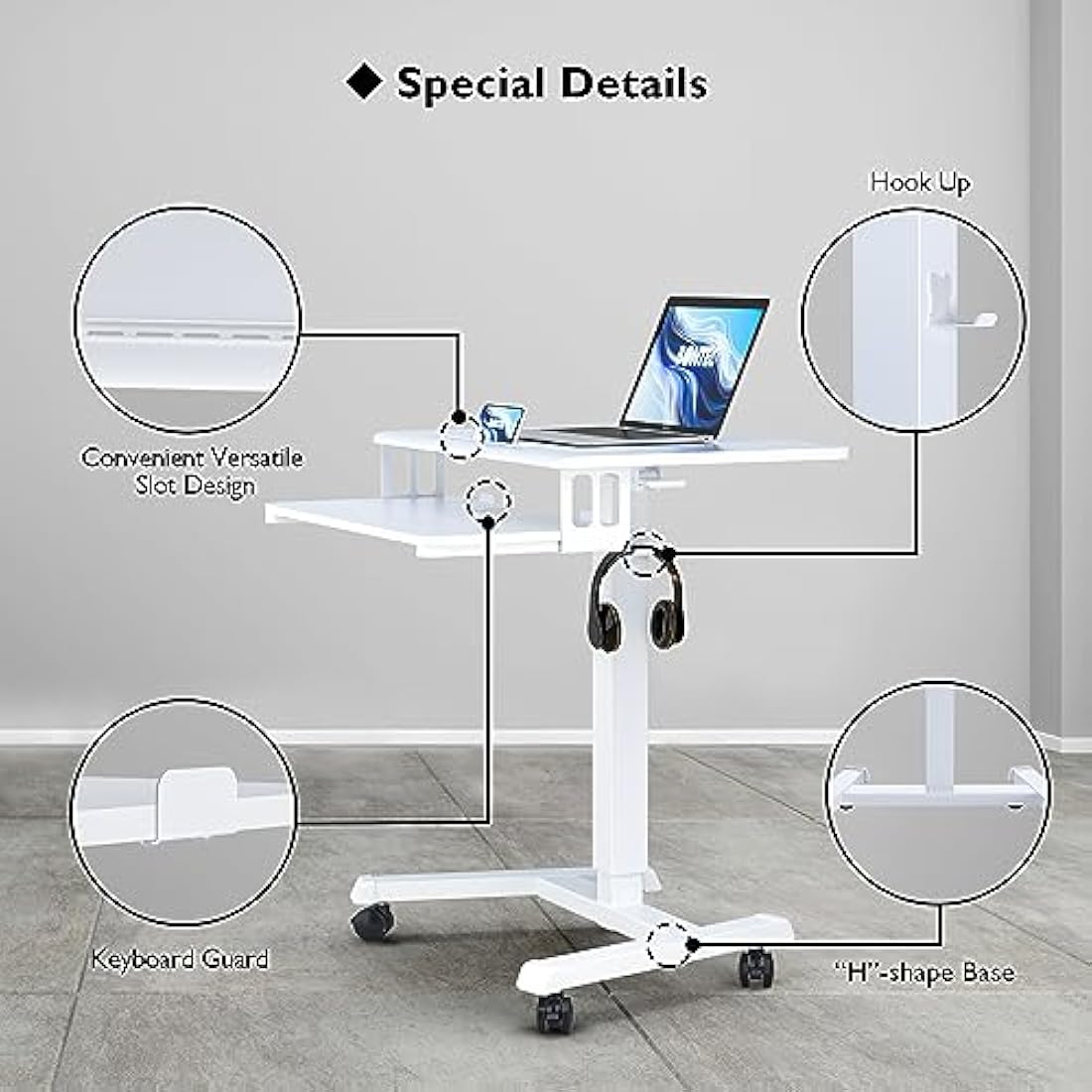 BONTEC 65 × 45cm Two-Tier Mobile Computer Workstation with 4 Rolling Castors, Laptop Stand on Wheels, Height Adjustable Standing Desk, Side Table for Living Room, Bedroom, Medical White