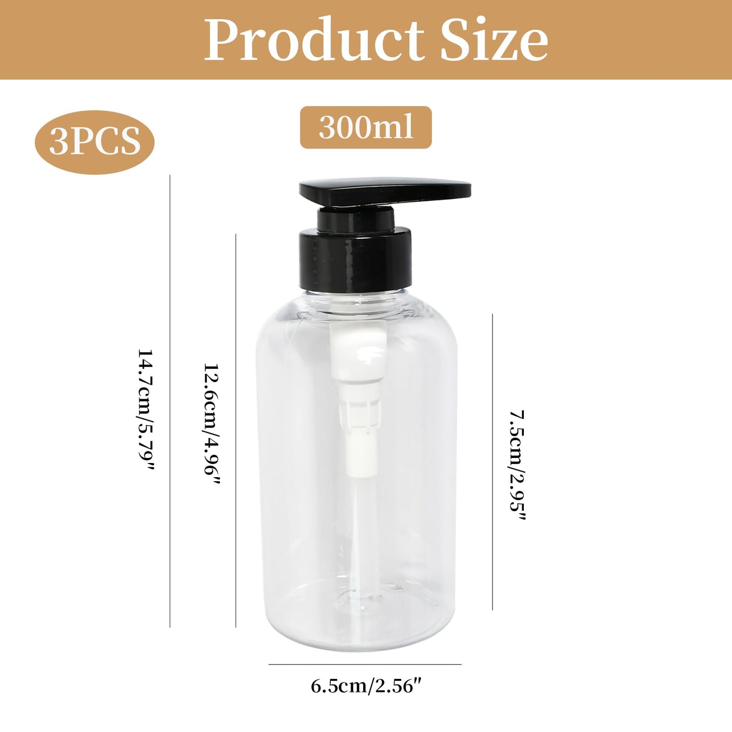 Rieoany 300ml Plastic Soap Dispenser 3 Pack, Refillable Pump Bottle for Shampoo Conditioner