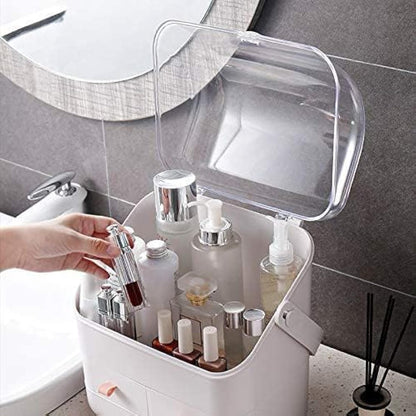 LINFIDITE Cosmetic Storage Box with Lid Makeup Organizer Box with Dust Free Cover Portable Handle,Large Makeup Display Case with Drawers Fully Open Lid,Great for Bathroom Countertop Bedroom Dresser