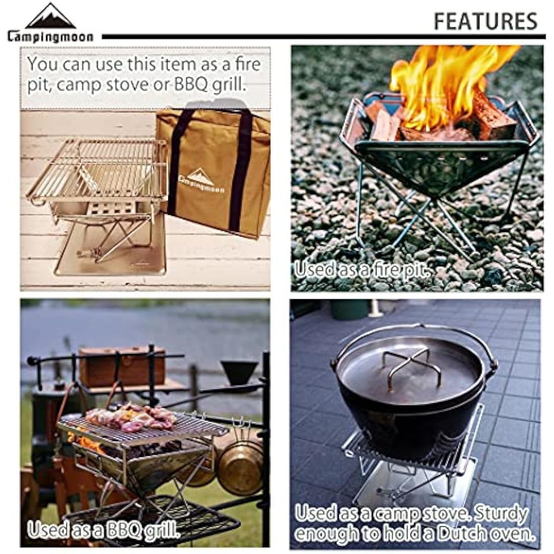 Campingmoon Tabletop Small Charcoal Grill Mini Portable Fire Pit 24.5 cm Stainless Steel with Carry Bag X-MINI-PRO