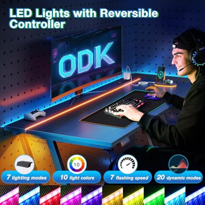 ODK Gaming Desk with LED Lights & Power Outlet, Gaming Table with Cup Holder and Headphone Hook, Double Z Frame Design Computer Desk Carbon Fiber Black 80 cm