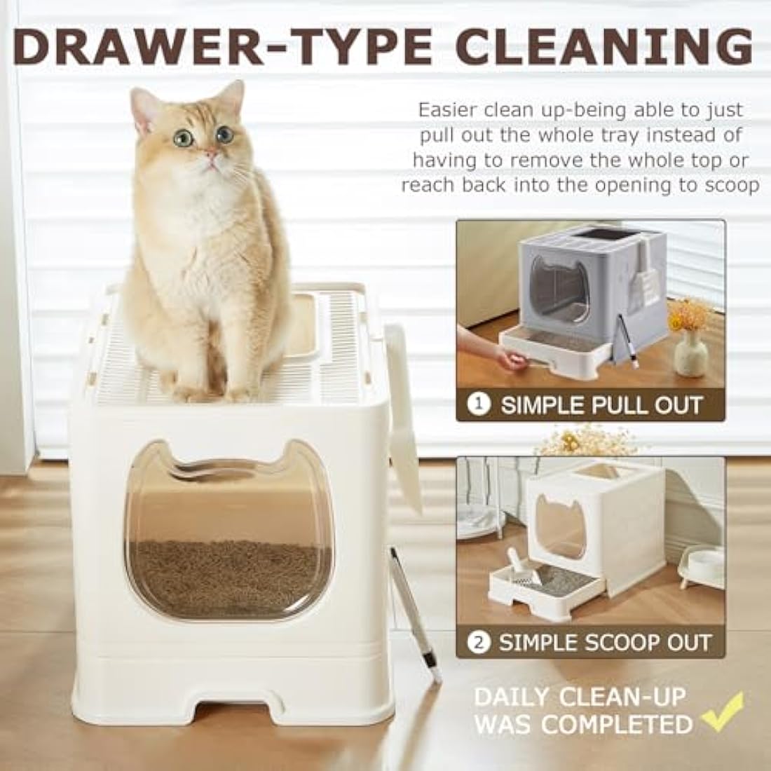 Pawsayes Cat Litter Tray Litter box with Lid for Medium and Small Cats, Foldable Top Entry Kitten Litter Box with Drawer Pan and Scoop