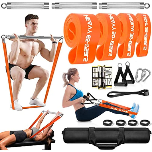 DASKING Resistance Bands Set with 98cm Detachable Exercise Bar, 4 Different Level Pull Up Bands - Fitness Workout Bars Kit for Strength Training, Pilates, Yoga - Home Gym Sports System Equipment