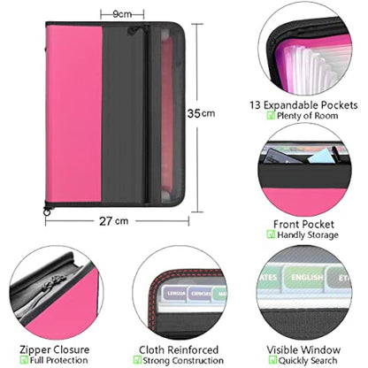 TRANBO 13 Pockets Expanding File Folder with Zipper Closure, A4 Plastic Document Wallet Organizer with Handy Front Pocket for Personal Office Stationary Storage