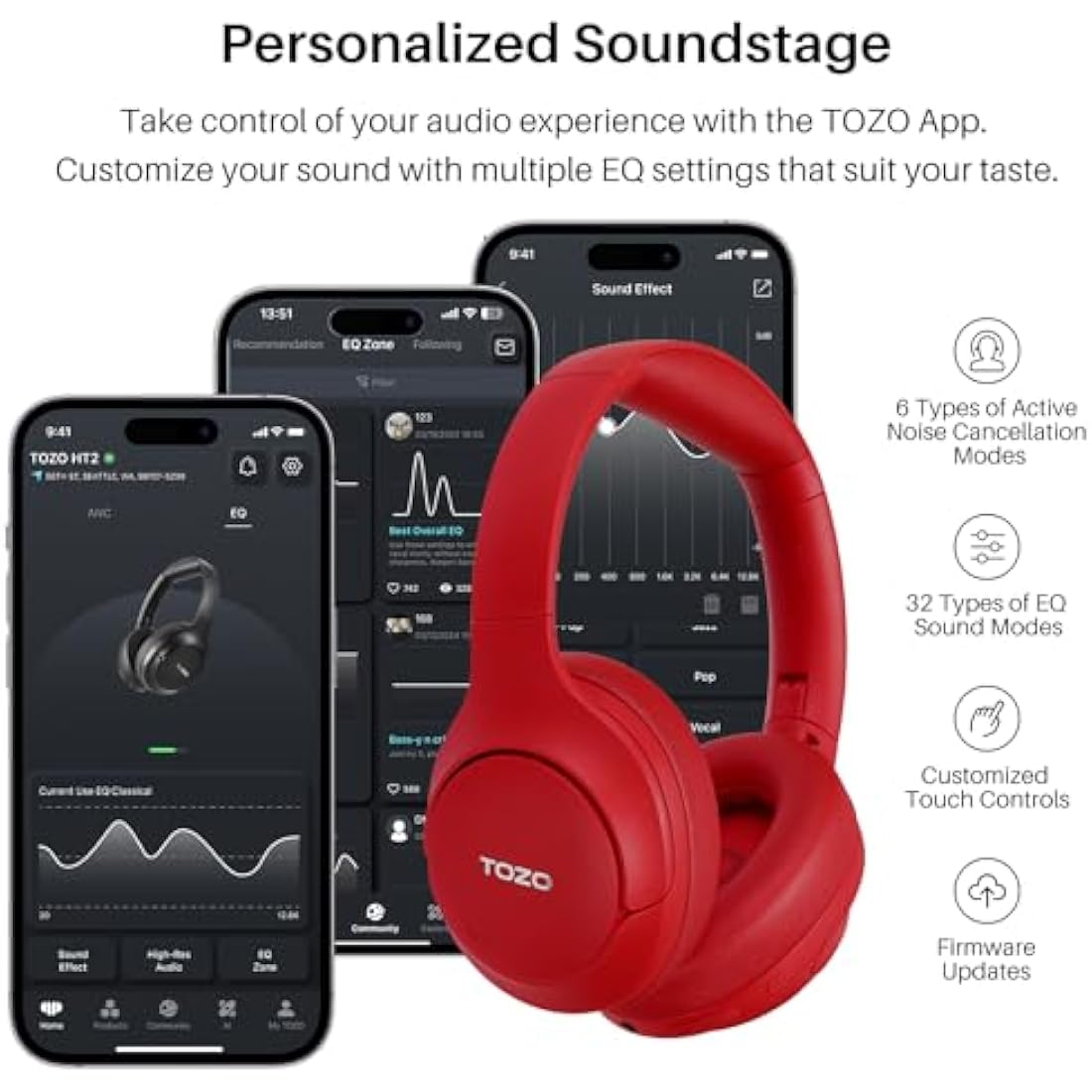 TOZO HT2 Hybrid Active Noise Cancelling Wireless Headphones, 60H Playtime Lossless Audio Over Ear Bluetooth Headphones, Hi-Res Audio Deep Bass Foldable Lightweight Headset for Workout