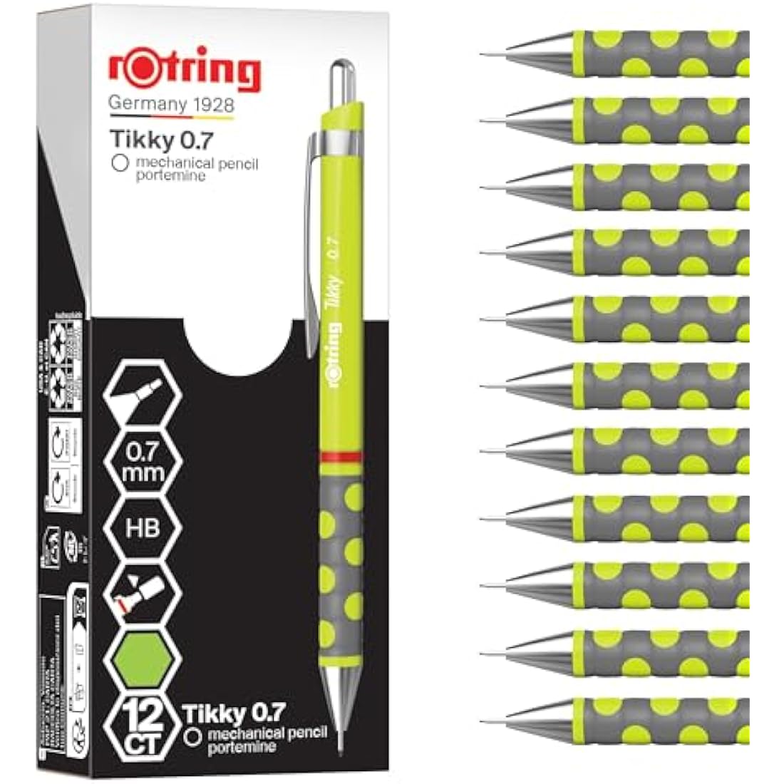 rOtring Tikky Mechanical Pencil | HB 0.7 mm | Spidermum (lime) Barrel | Lightweight with Rubberised Grip | 12 Count