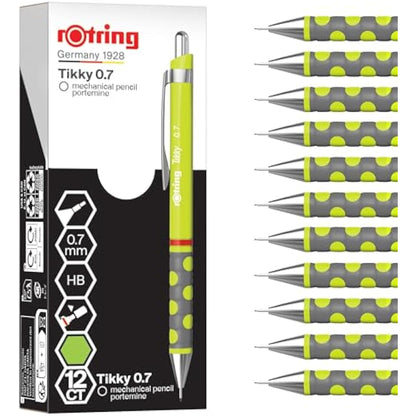rOtring Tikky Mechanical Pencil | HB 0.7 mm | Spidermum (lime) Barrel | Lightweight with Rubberised Grip | 12 Count