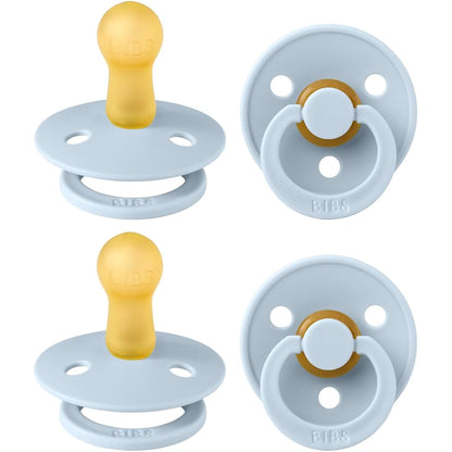 BIBS Dummies Colour 4-Pack, BPA Free Dummy Pacifier, Round Nipple Soothers, Natural Rubber Latex, Made in Denmark, Size 2 (6-18 Months), Baby Blue