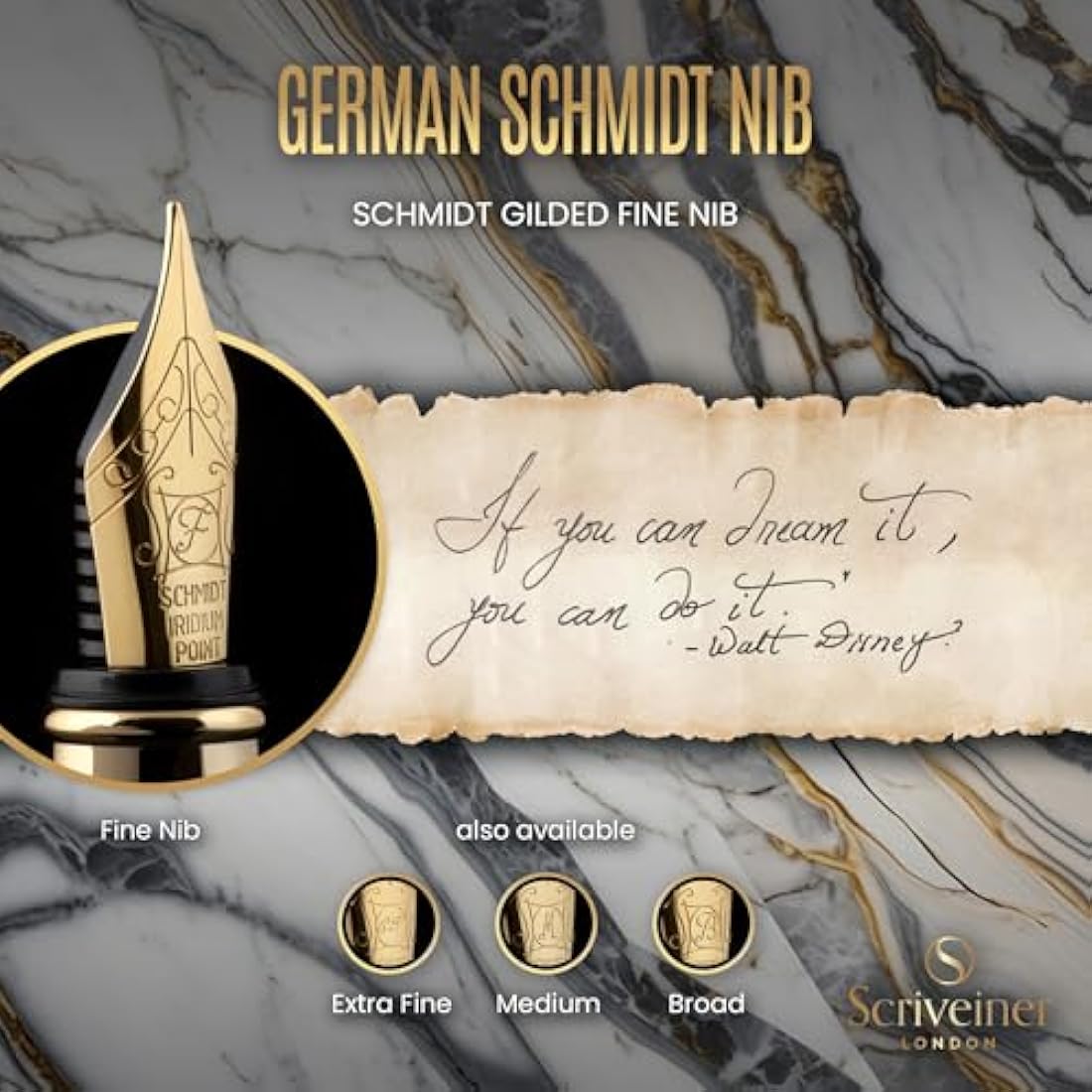 Scriveiner Silver Chrome Fountain Pen - Stunning Luxury Pen, Real Gold Plating, Schmidt Gilded Nib (Fine), Best Pen Gift Set for Men & Women Professional Executive Office Fancy Nice Designer Pen