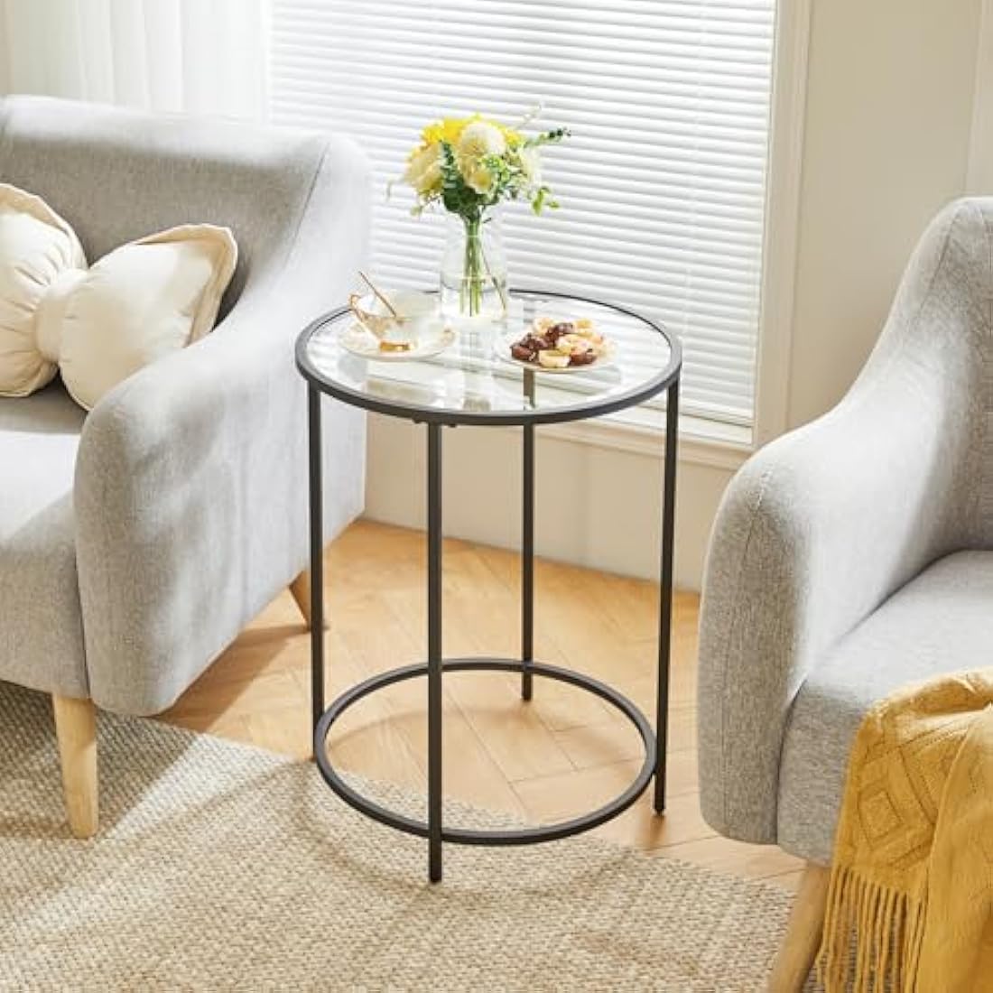 YMYNY Round Side Table, 2 Tier Accent Table, Tempered Glass End Table, Small Coffee Table, Sofa Table, Bedside Table, Modern Style, for Living Room, Bedroom, Balcony 50×50×65CM Black HGD020B