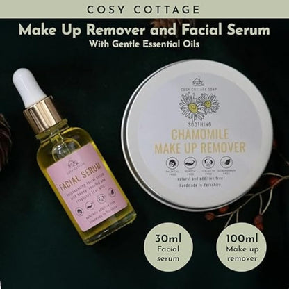 Cosy Cottage Natural Skincare Bundle - Chamomile Makeup Remover (100ml) & Rosehip and Raspberry Leaf Oil Face Serum (30ml) | Gentle Cleansing and Deep Hydration | Natural | Plastic-Free & Eco-Friendly