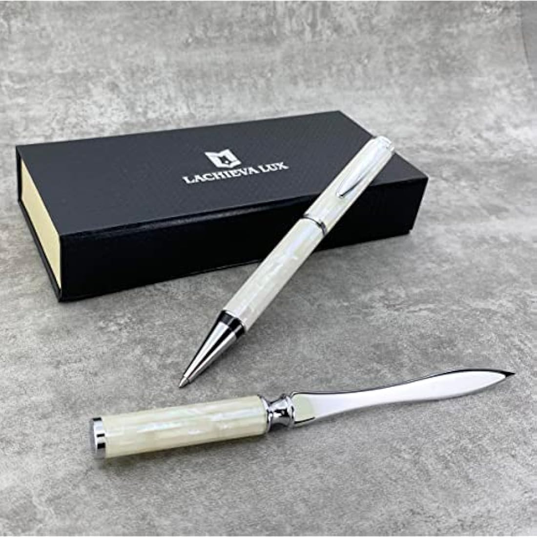 LACHIEVA LUX Luxury Mother of Pearl Ballpoint Pen & Letter Opener Set, Unique Gift for Men & Women, Great for Christmas and Special Occasions