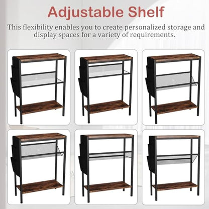 Yusong Small Narrow Side Table for Small Spaces, Slim End Table with Storage Bag, Sofa Snack Table with Adjustable Metal Mesh, 3 Tier Accent Skinny Beside Table for Living Room & Bedroom, Rustic Brown
