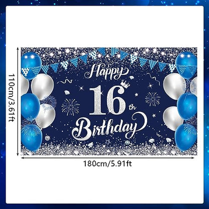 Yontree Happy 16th Birthday Banner - Navy Blue & Silver Birthday Backdrop 1.1 x 1.8m for 16 Years Old Anniversary Party