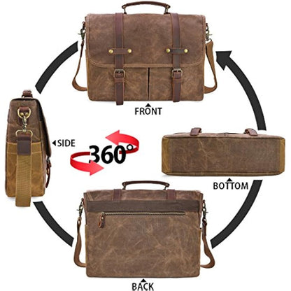 NEWHEY Mens Laptop Shoulder Canvas Messenger Bag Waterproof Computer Briefcase Notebook Vintage Satchel Designer School Work Bags 15.6 Leather