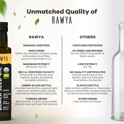RAWYA Organic Black Seed Oil - Unfiltered - Full Spectrum- Cold Pressed - Turkish Origin - Black Cumin - Kalonji - Nigella Sativa Supplement with Omega 3, 6, 9 - Skin Condition & Hair Growth - 250 ml