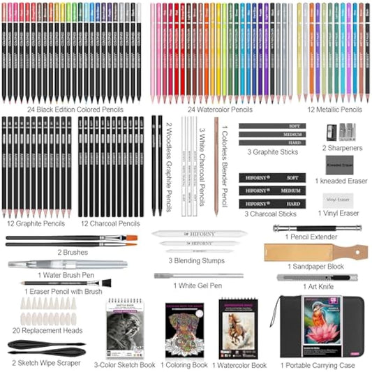 HIFORNY 136 PCS Drawing & Sketching Set,Pro Art Supplies with Graphite,Charcoal,Colored,Watercolor,Metallic Pencils,Blending Tools,Sketchbook,Watercolor Book and Coloring Book in Zipper Case (Black)