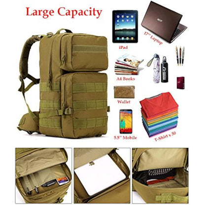YuanWen Tactical Backpack 55L Water Resistant Military Army Combat Rucksack Trekking Rucksack MOLLE Camping Hiking Backpack Black