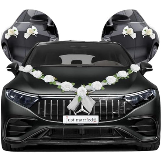 Nueva Vida Wedding Car Decoration, Silk Flowers for Your Wedding Car - 2 x 180 cm Garland for the Bonnet, Including 4 Door Handle Ribbons