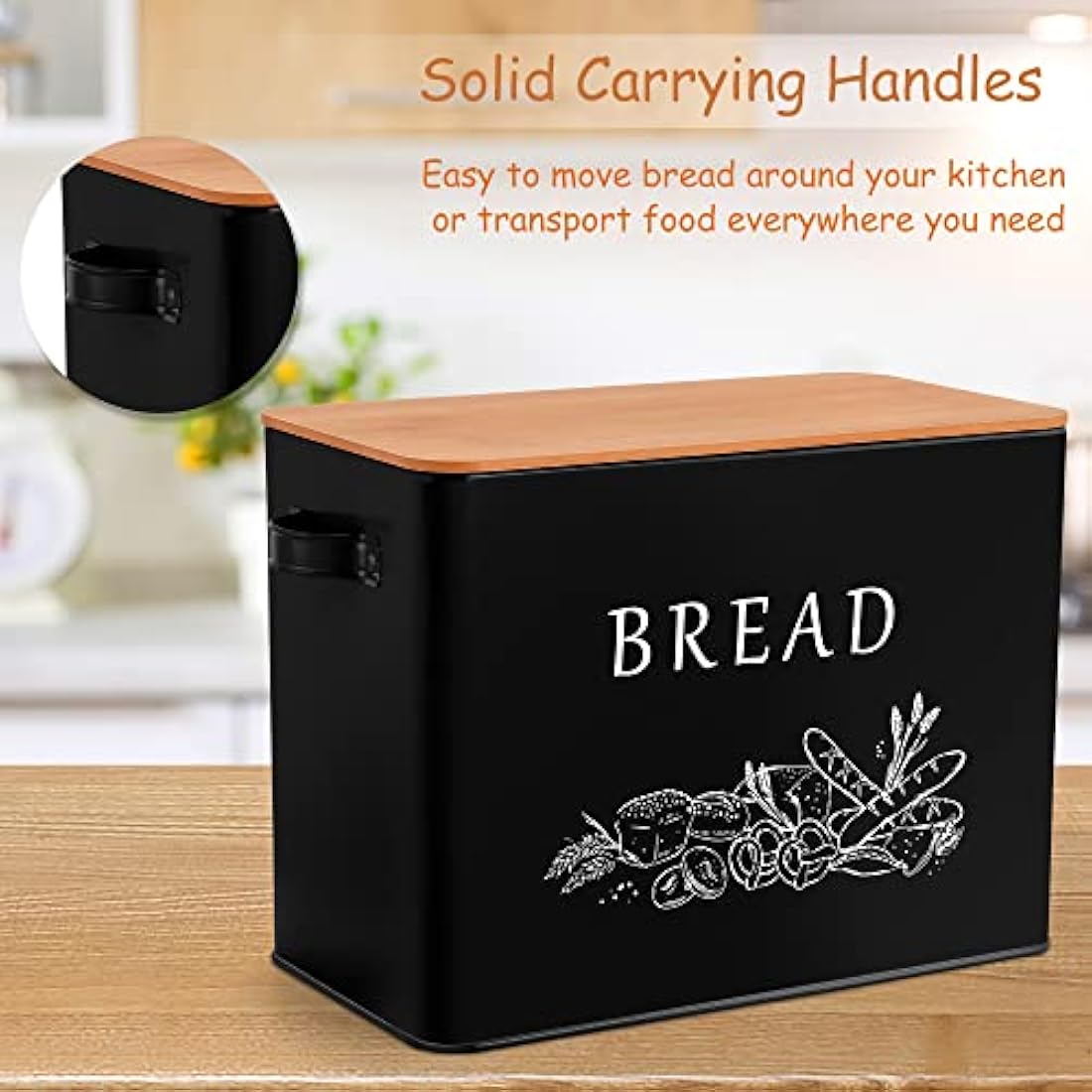 Joyfair Bread Bin, Metal Bread Box with Bamboo Cutting Board Lid, Extra Large Loaf Holder for Kitchen Countertop, Vintage Storage Container fit 2 Loaves, Space Saving & Farmhouse Style, Black