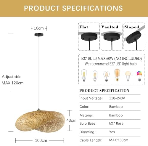 Schindora Creativity Hanging Lights,Handwoven Hat Bamboo Light Shade Retro Ceiling Pendant Light 100Cm Vintage Ceiling Lights for Kitchen Dining Room Living Room Restaurant,Light Straw