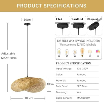 Schindora Creativity Hanging Lights,Handwoven Hat Bamboo Light Shade Retro Ceiling Pendant Light 100Cm Vintage Ceiling Lights for Kitchen Dining Room Living Room Restaurant,Light Straw