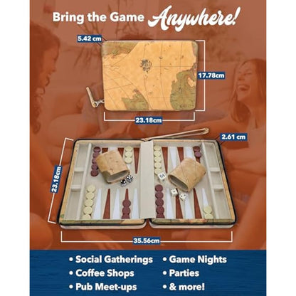 WE Games Travel Backgammon Set - Magnetic Board Game with 30 Chips, 2 Vinyl Dice Cups, 4 Dice & Tan Map Leatherette Case