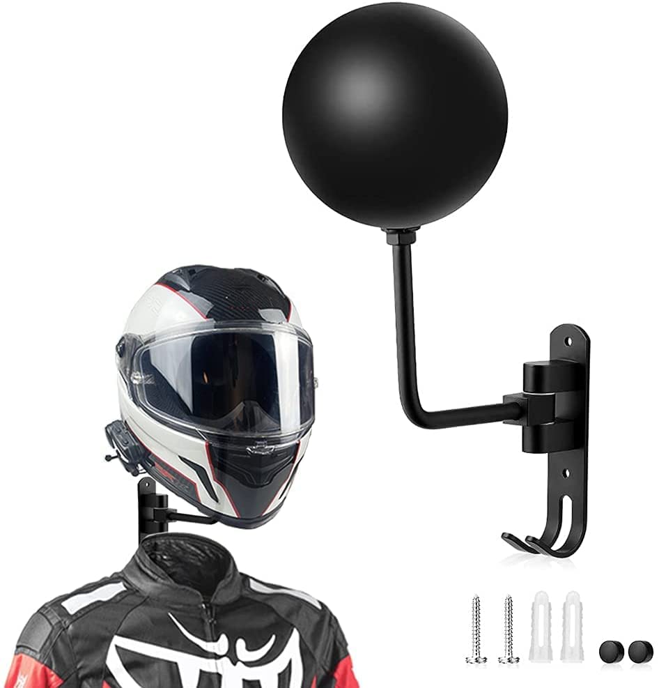 motofans Helmet Stand, Rotation Metal Helmet Holder Wall Mount, Helmet Holder Bike with 2 Hooks Helmet Hanger for Motorbike, Caps, Baseballs