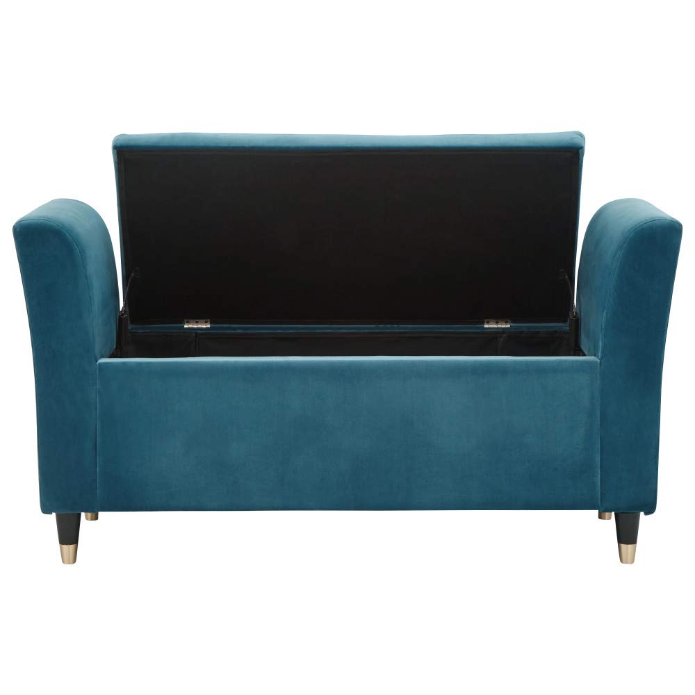 GFW Genoa Teal Ottoman Window Seat, Velvet Upholstered Storage Bench with Button Tufted Seat, 88L Hidden Storage and Wooden Legs