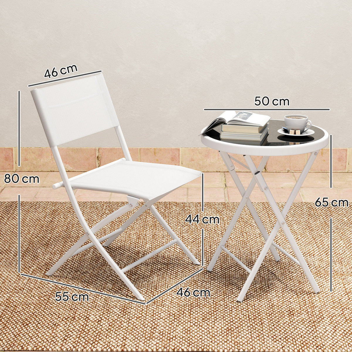 Outsunny 3 Pieces Outdoor Bistro Set, Glass Top Outdoor Table and 2 Folding Chairs with Protecting Feet, White