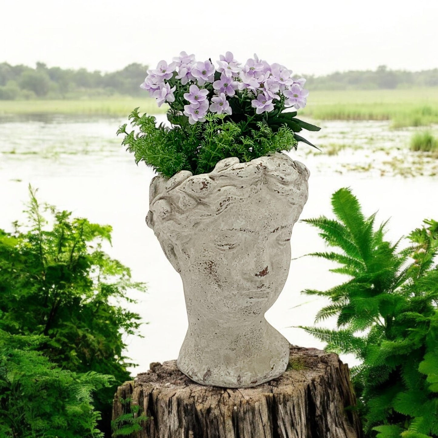 Durable and Elegant Cement Roman Lady Head Classic Design and TIKI Easter Island Plant Pot Planter – Stylish Ornament Pot for Garden, Patio, Indoor & Outdoor, or Home Decor (Grey Washed, 26cm)
