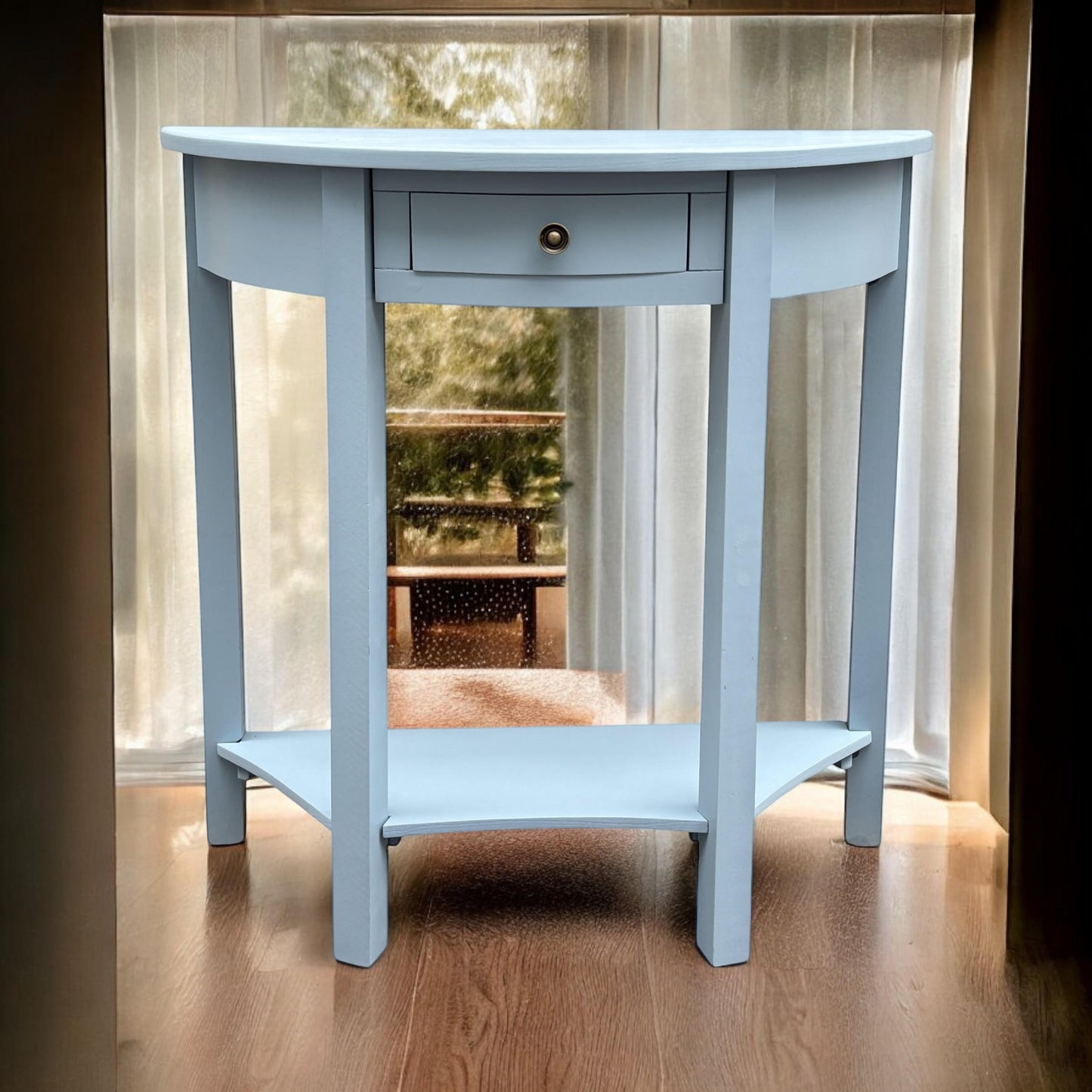 AcaciaHome Modern and Stylish 1 Drawer Semicircle Design Console Table - Art Deco Style with Storage, Medium Wood Tone, and Satin Knob Handle for Home, Office, or Living Spaces (Sky Blue)