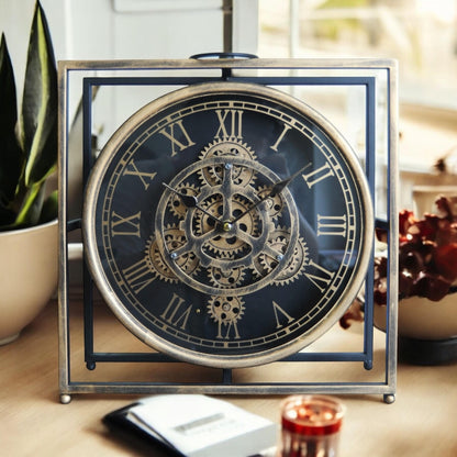 Elegant and Modern Mantel Gear Clock – Black & Gold Round Design with Moving Gears, Silent Sweep Mechanism, Functional Drawer, Stylish Home or Office Décor, Living Room