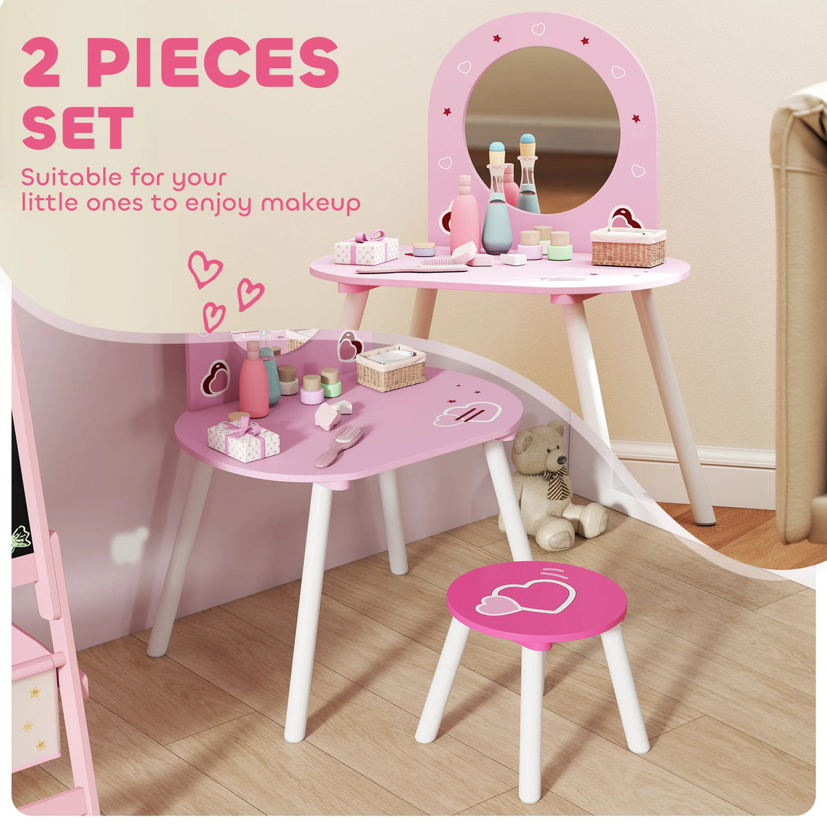 AIYAPLAY Kids Dressing Table with Mirror and Stool, Girls Vanity Set for Kids