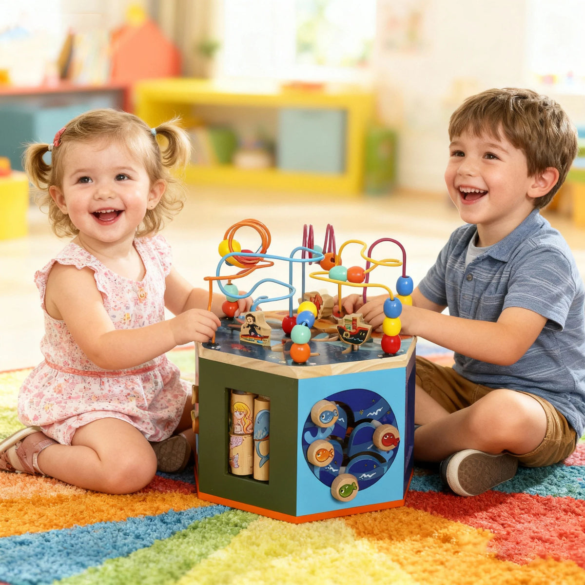 AIYAPLAY Wooden Activity Cube, Baby Toys with Bead Maze, Pattern Sorter for