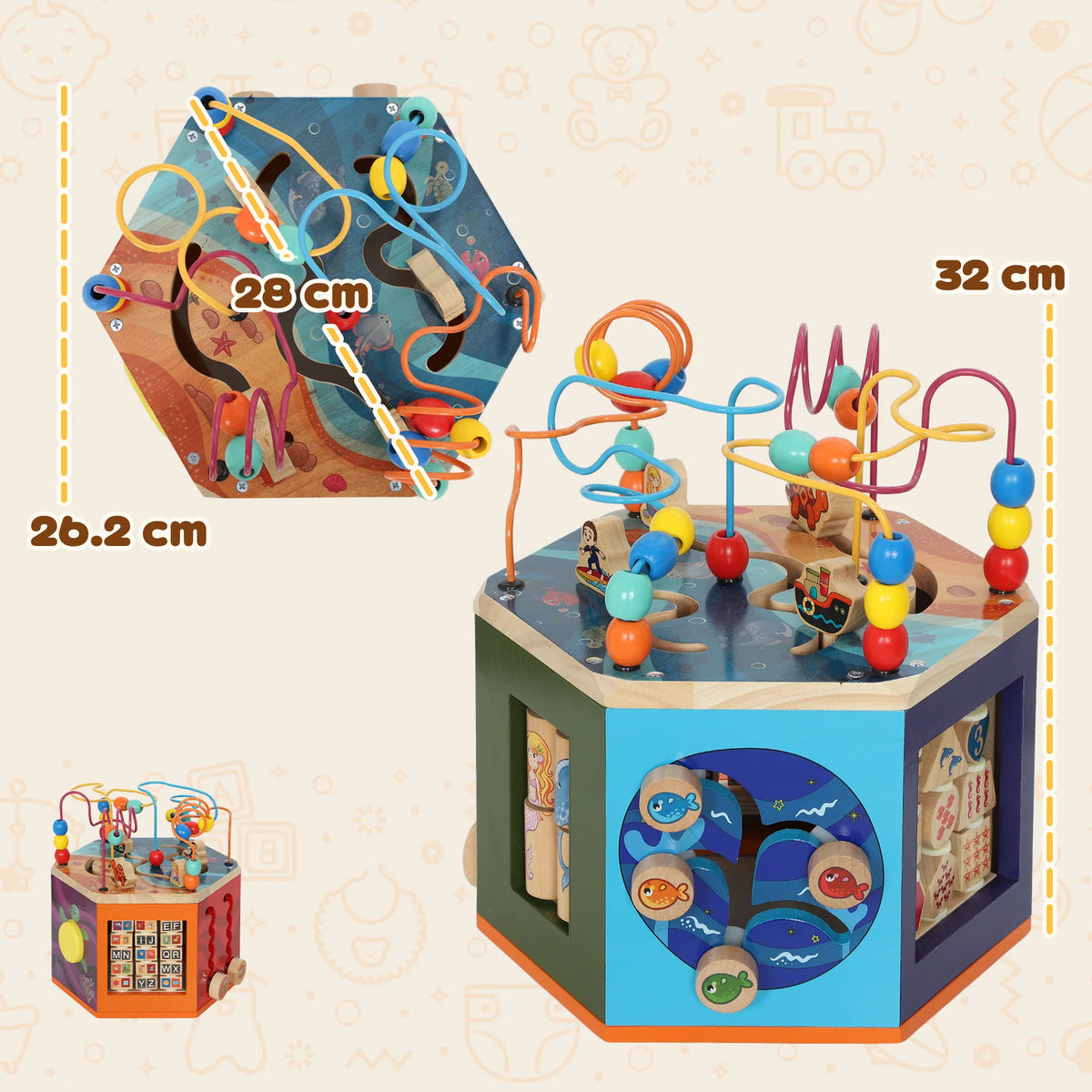 AIYAPLAY Wooden Activity Cube, Baby Toys with Bead Maze, Pattern Sorter for