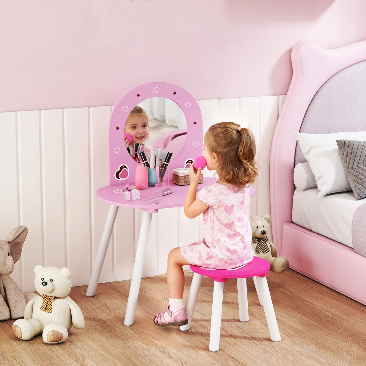 AIYAPLAY Kids Dressing Table with Mirror and Stool, Girls Vanity Set for Kids