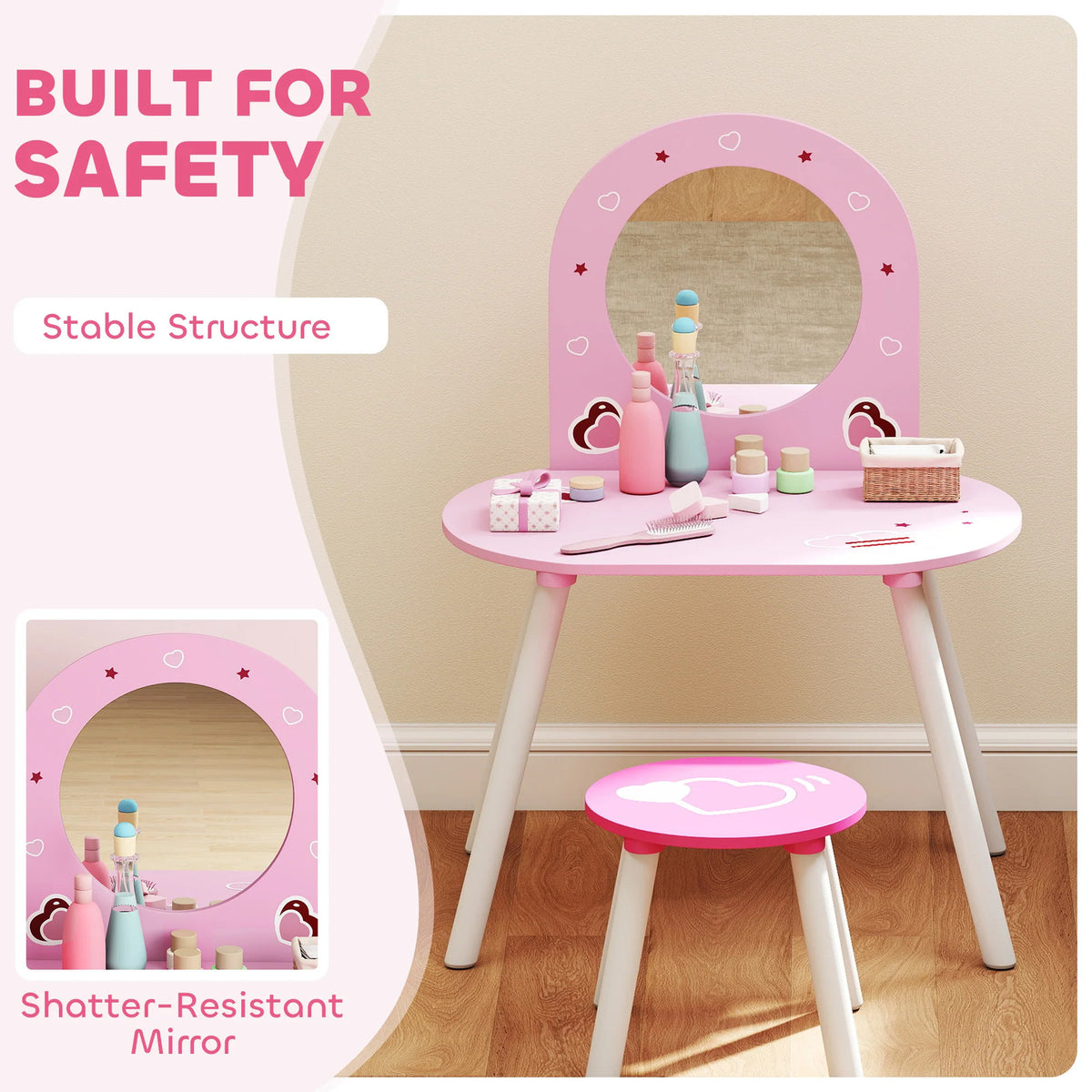AIYAPLAY Kids Dressing Table with Mirror and Stool, Girls Vanity Set for Kids