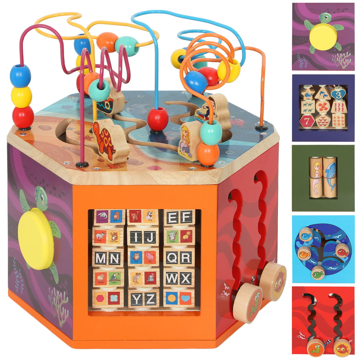 AIYAPLAY Wooden Activity Cube, Baby Toys with Bead Maze, Pattern Sorter for